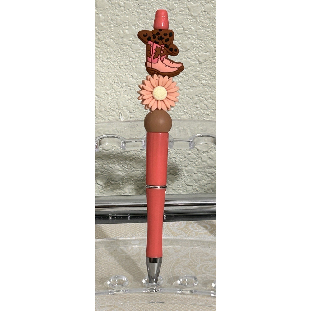 Custom Beaded Pen Cowgirl Boots Western Pink Coral Flower Unique Gift